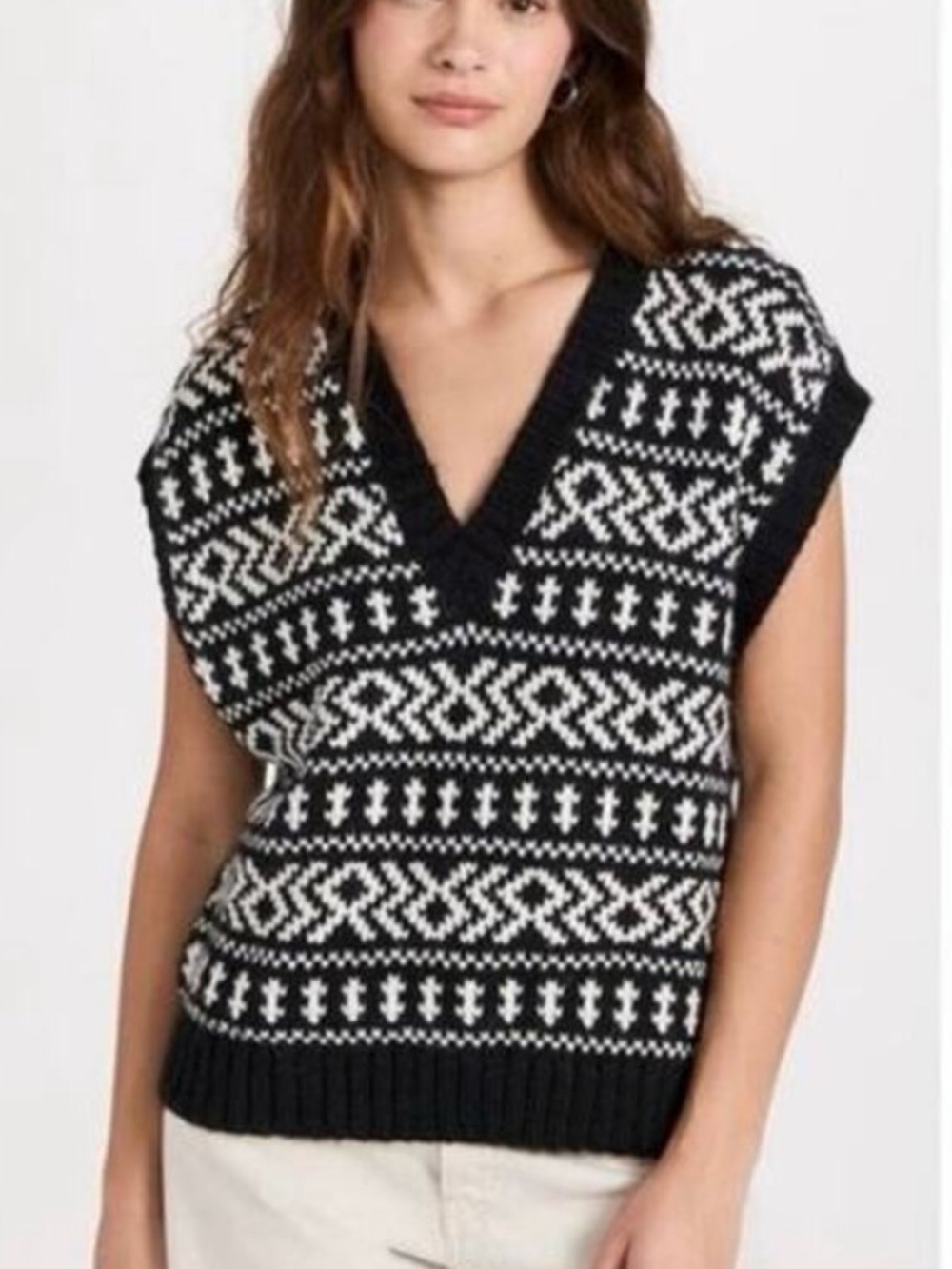 THE GREAT. WOMENS ALPACA FAIR ISLE V NECK SWEATER VEST BLACK WHITE MEDIUM